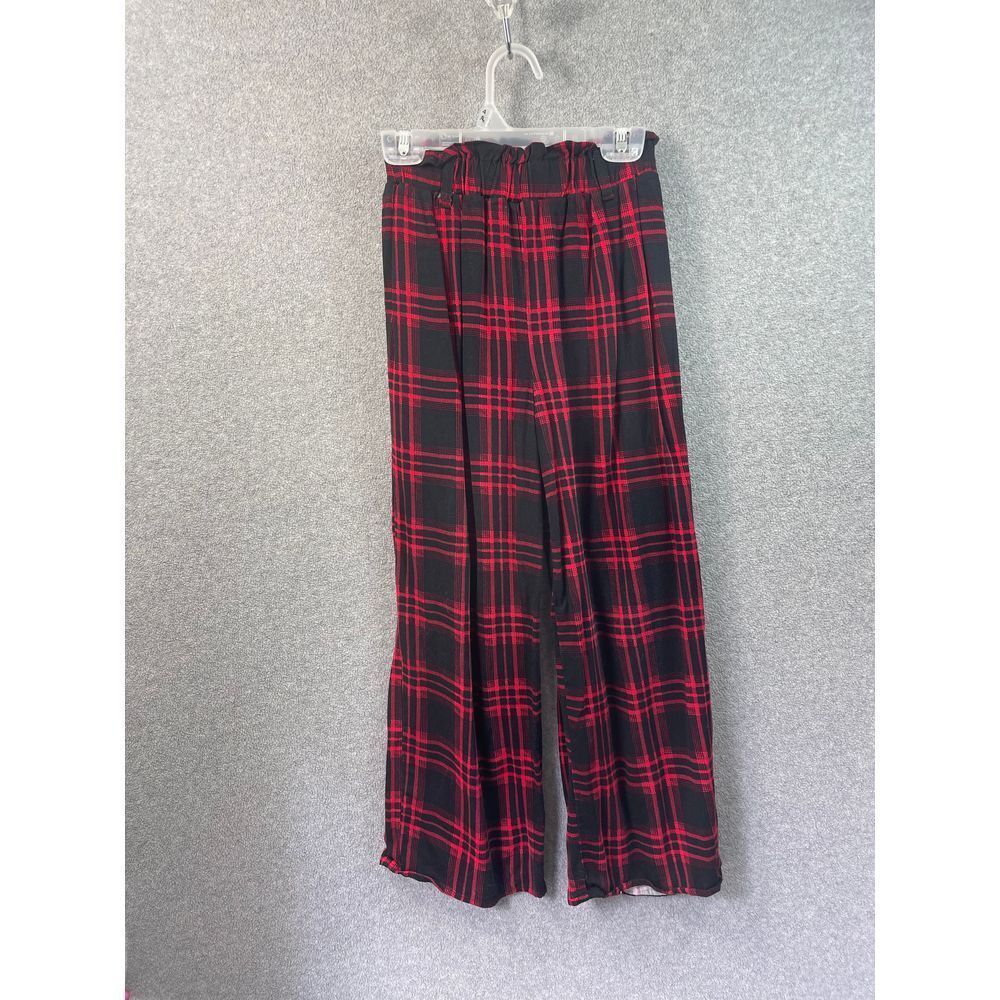 Classic Red & Black Plaid Wide Leg‎ Pants Tartan Check Pattern Elastic Waist